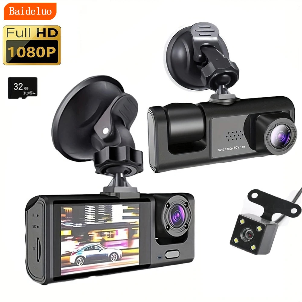 Dash Cam W/ IR Night Vision Loop Recording & 2" IPS Screen 1080P 3 Camera ， DVR recorder, video recorder, Vehicle DVR