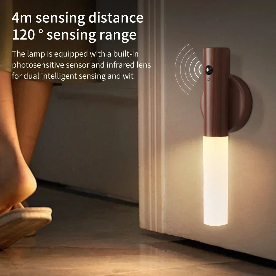 Creative Intelligent LED PIR Motion Sensor Night Light Rechargeable Magnetic Wood Wall Light Cabinet Lights for Bedroom Hallway